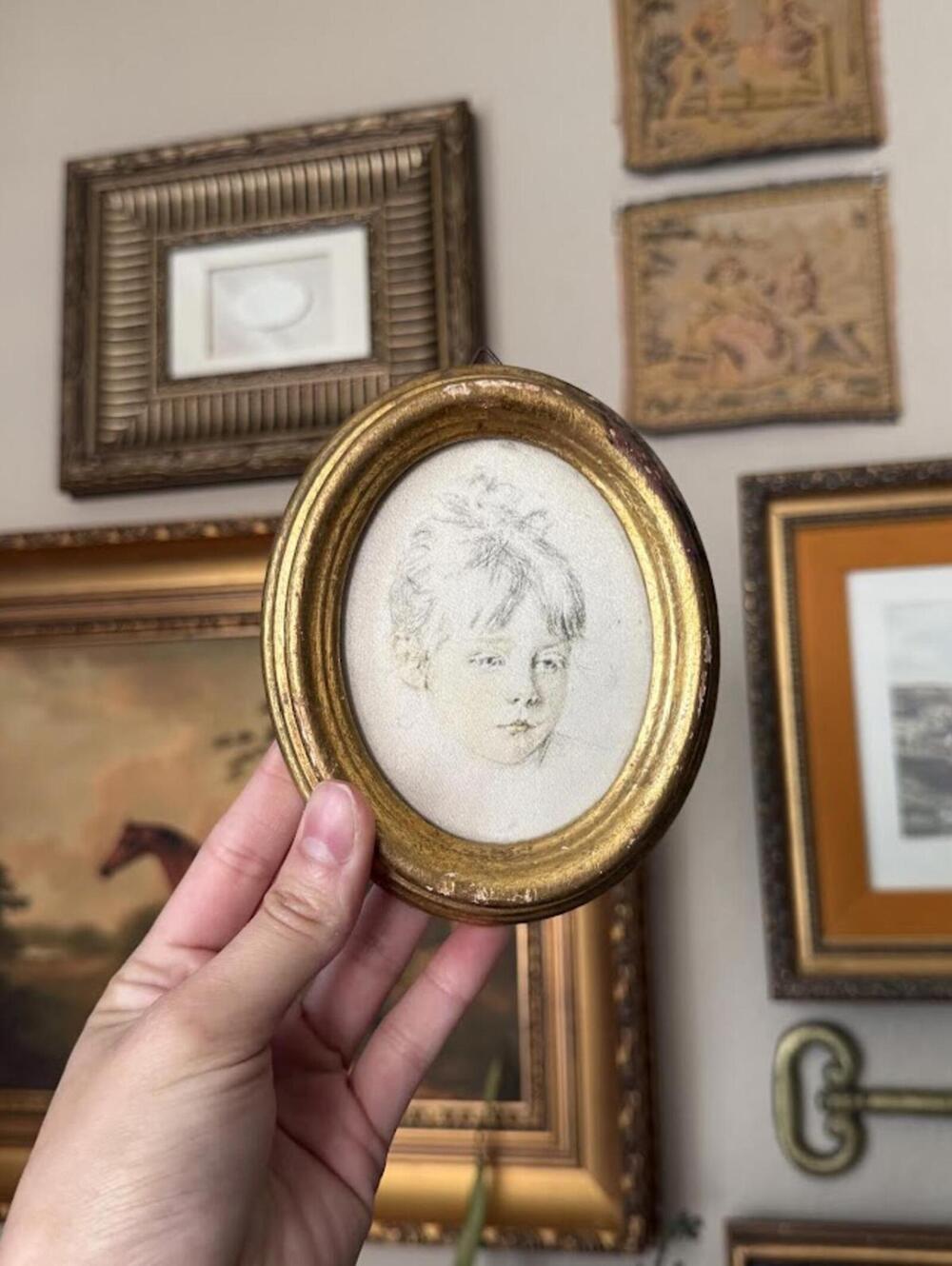 Vintage Small Oval Frame with Portrait Art